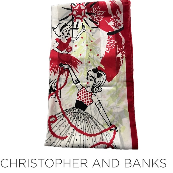 π1950s-Themed Girls Decorating Christmas Tree Scarf | Festive | Oblong 19βx69β - Picture 17 of 17